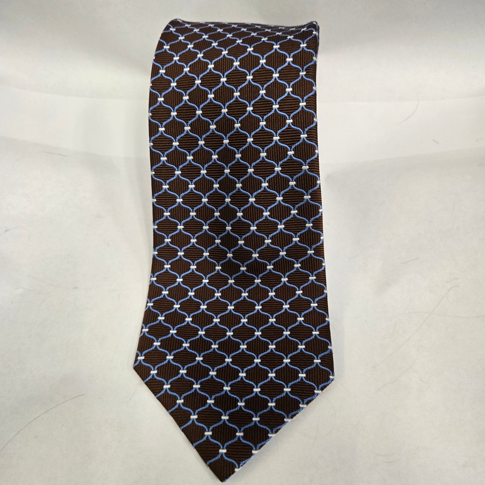 Brooks Brothers Mens Silk Tie Brown Blue Geometric Lattice Stain Resistant USA